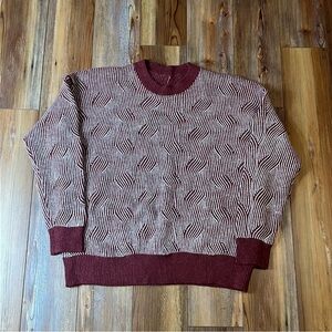 Burgundy and white knit sweater with a funky retro knit pattern